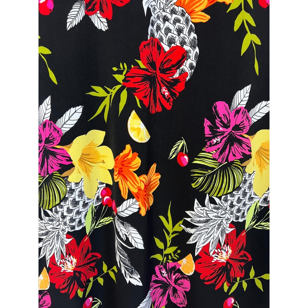 CJ Banks Tropical Floral Midi Dress 1X Black‎ Pineapple Fruit Faux Wrap Cruise - Picture 5 of 9